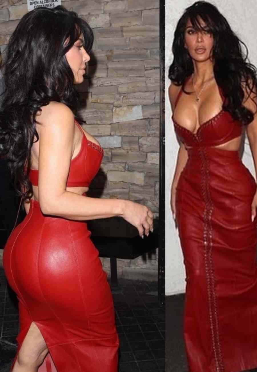 Kim Kardashian Red Leather Dress Broken Foot Dinner