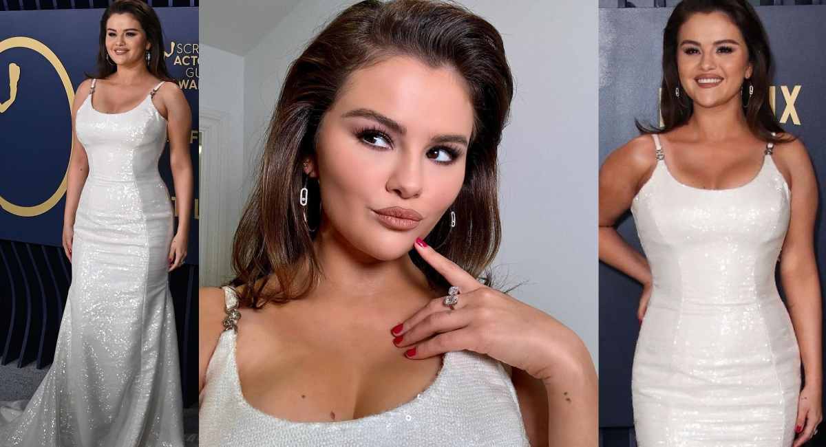 Selena Gomez Stuns in White Sequin Versace Gown at 2024 SAG Awards
