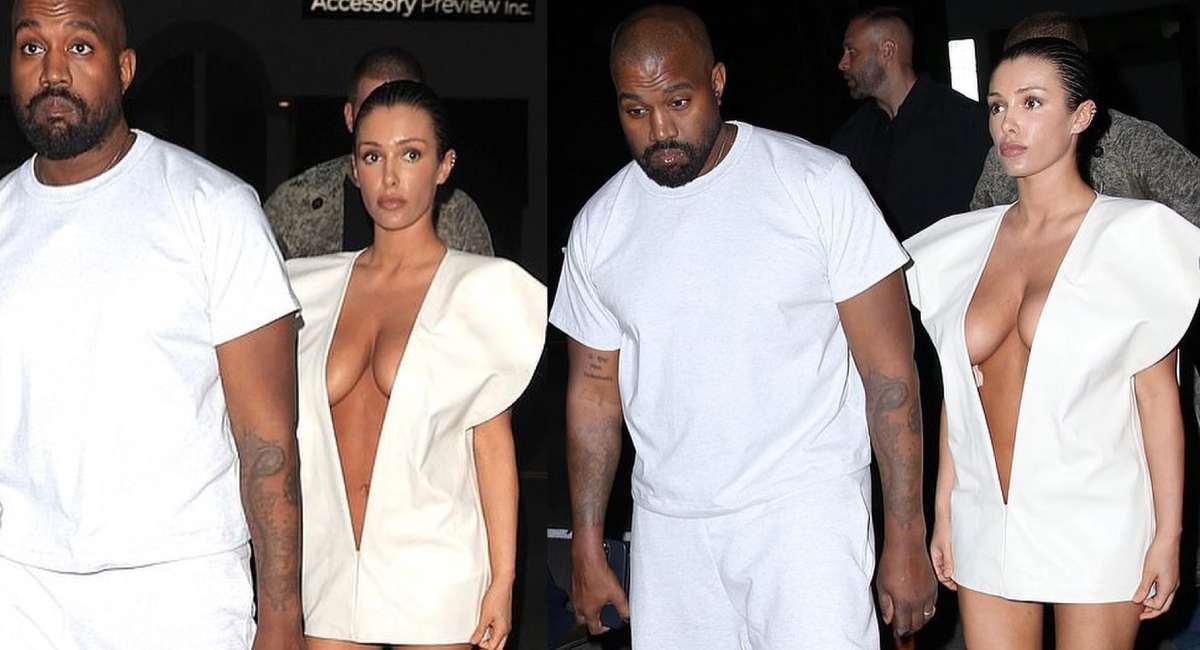 Bianca Censori Kim Kardashian Plunging Dress Kanye All White