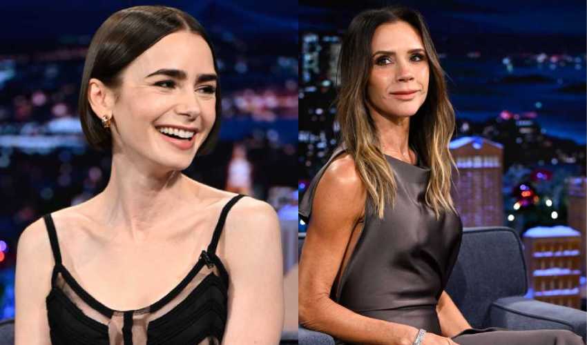 Victoria Beckham in backstage Fallon video with Lily Collins