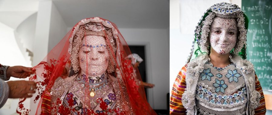 makeup of the bride is done with paint