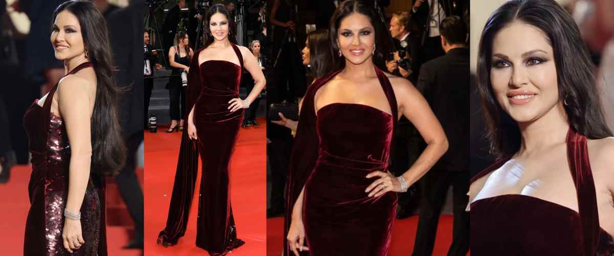Sunny Leone Stuns in Wine Red Velvet Dress